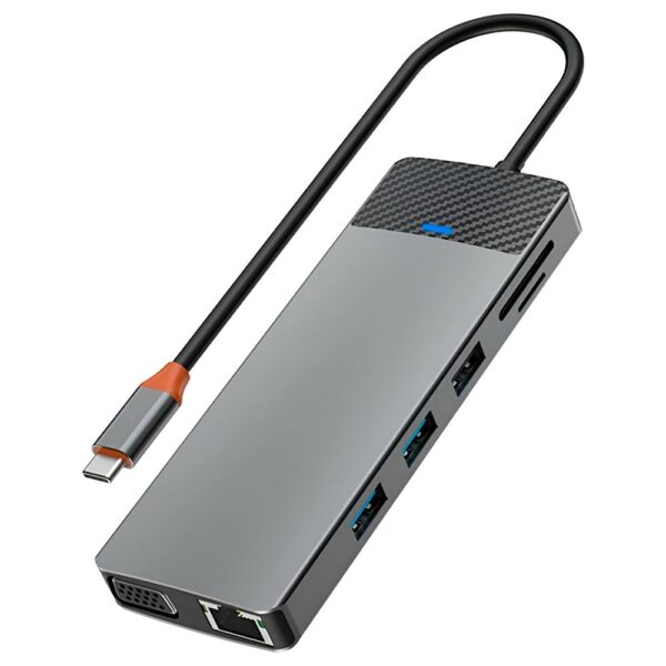 Hub USB-C 3.1 Wiwu Linker 12IN1 Pro 12 Portas / 2 HDMI / 2 USB 3.0 / 2 USB 2.0 / 2 USB-C Femea / LAN / VGA / SD / TF - Cinza