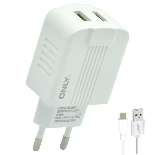 Carregador Tomada Only MOD06-A 2 USB 2.0 / 4.4A - Branco + Cabo Type-C Macho A USB 1M