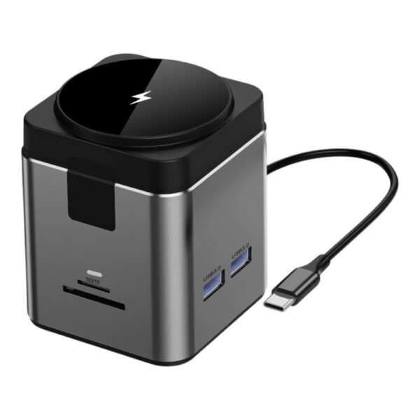 Hub USB-C 3.1 Wiwu WI-W025 9 Portas / 3 USB 3.0 / USB-C Femea / HDMI / LAN / SD / TF / Carregador Wireless 15W - Cinza